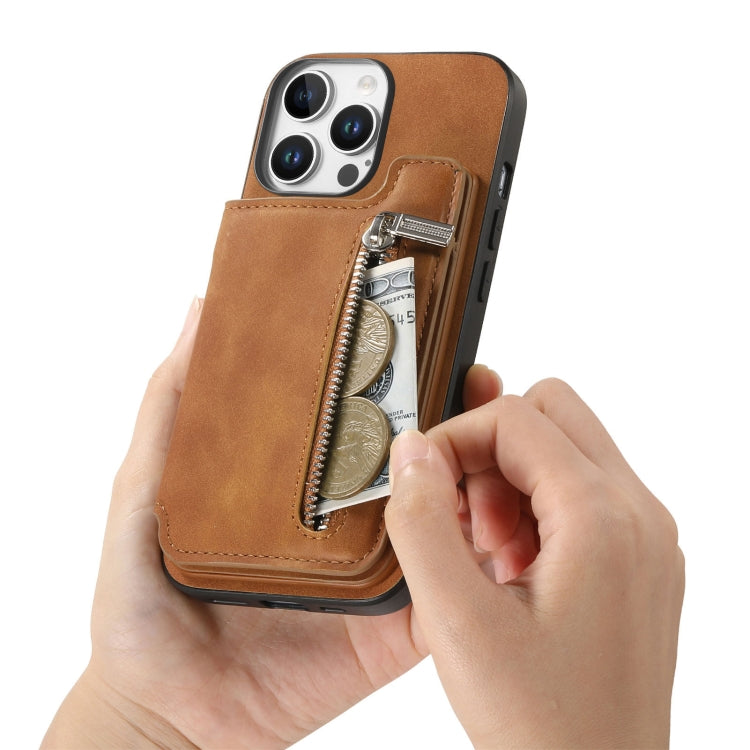 For iPhone 12 Pro Max Retro MagSafe Zipper Wallet Card Bag Back Phone Case(Brown) - iPhone 12 Pro Max Cases by buy2fix | Online Shopping UK | buy2fix