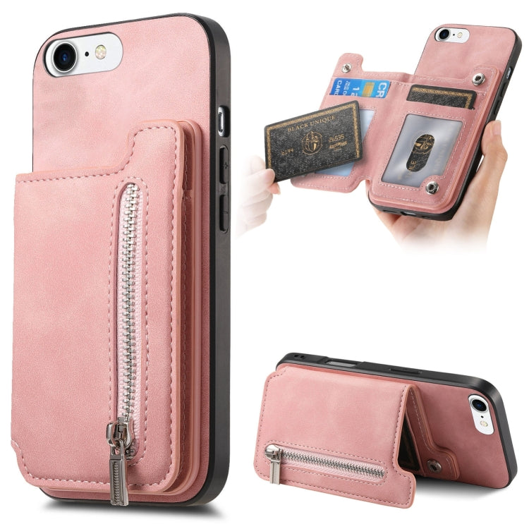 For iPhone 7 / 8 / SE 2022 Retro MagSafe Zipper Wallet Card Bag Back Phone Case(Pink) - iPhone SE 2022 / 2020 / 8 / 7 Cases by buy2fix | Online Shopping UK | buy2fix