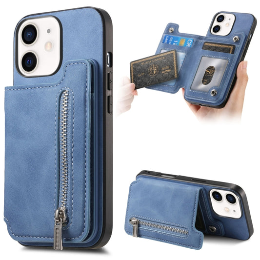 For iPhone 12 / 12 Pro Retro MagSafe Zipper Wallet Card Bag Back Phone Case(Blue) - More iPhone Cases by buy2fix | Online Shopping UK | buy2fix