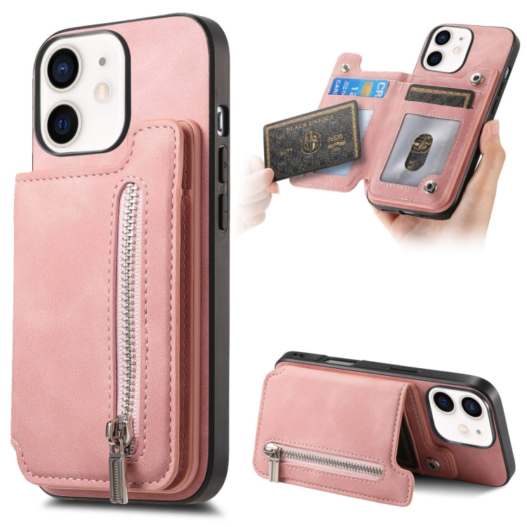 For iPhone 12 / 12 Pro Retro MagSafe Zipper Wallet Card Bag Back Phone Case(Pink) - More iPhone Cases by buy2fix | Online Shopping UK | buy2fix
