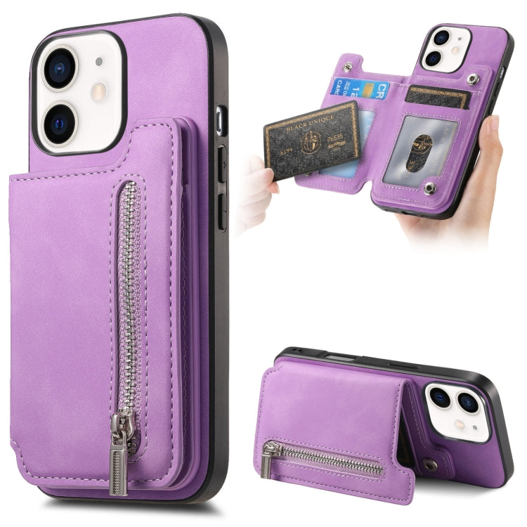 For iPhone 12 / 12 Pro Retro MagSafe Zipper Wallet Card Bag Back Phone Case(Purple) - More iPhone Cases by buy2fix | Online Shopping UK | buy2fix