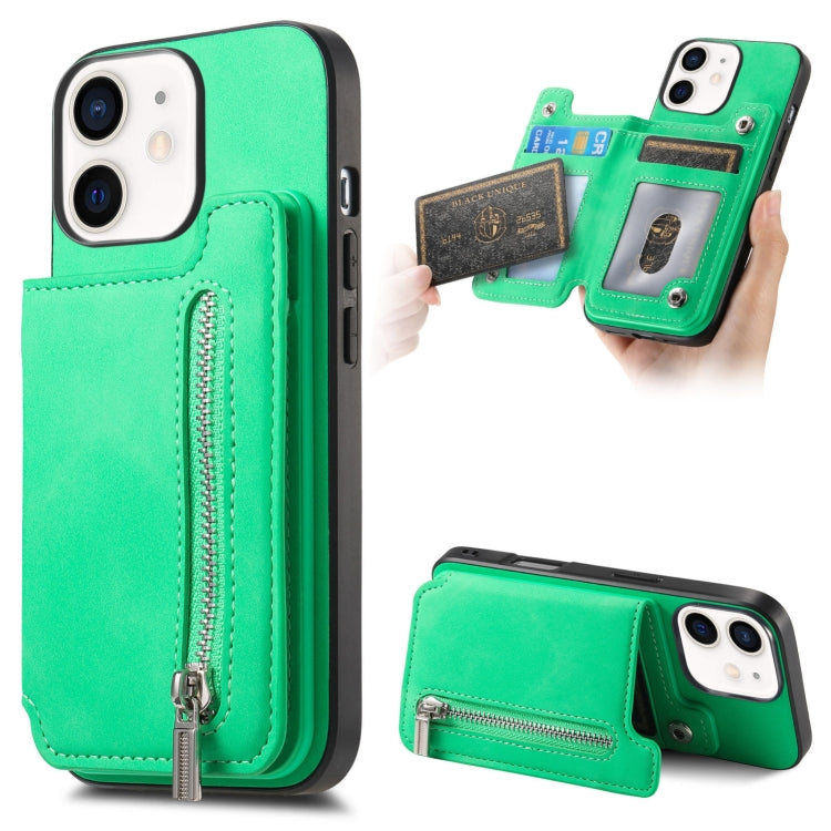 For iPhone 12 / 12 Pro Retro MagSafe Zipper Wallet Card Bag Back Phone Case(Green) - More iPhone Cases by buy2fix | Online Shopping UK | buy2fix