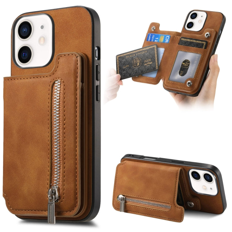 For iPhone 12 / 12 Pro Retro MagSafe Zipper Wallet Card Bag Back Phone Case(Brown) - More iPhone Cases by buy2fix | Online Shopping UK | buy2fix