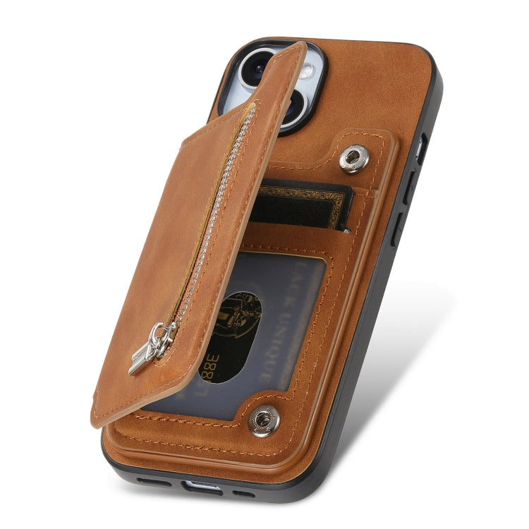 For iPhone 12 / 12 Pro Retro MagSafe Zipper Wallet Card Bag Back Phone Case(Brown) - More iPhone Cases by buy2fix | Online Shopping UK | buy2fix