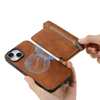 For iPhone 12 / 12 Pro Retro MagSafe Zipper Wallet Card Bag Back Phone Case(Brown) - More iPhone Cases by buy2fix | Online Shopping UK | buy2fix