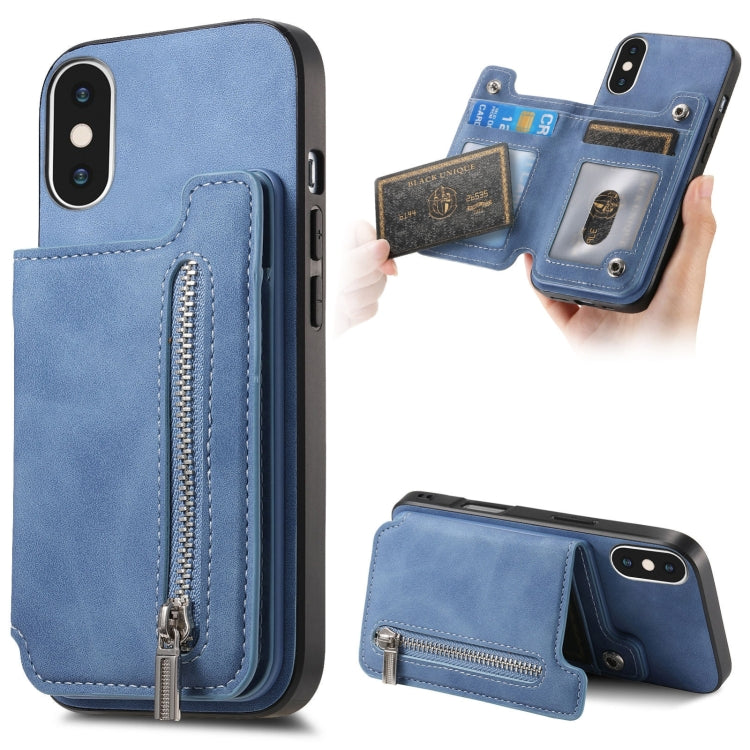 For iPhone X / XS Retro MagSafe Zipper Wallet Card Bag Back Phone Case(Blue) - More iPhone Cases by buy2fix | Online Shopping UK | buy2fix