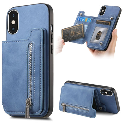 For iPhone X / XS Retro MagSafe Zipper Wallet Card Bag Back Phone Case(Blue) - More iPhone Cases by buy2fix | Online Shopping UK | buy2fix