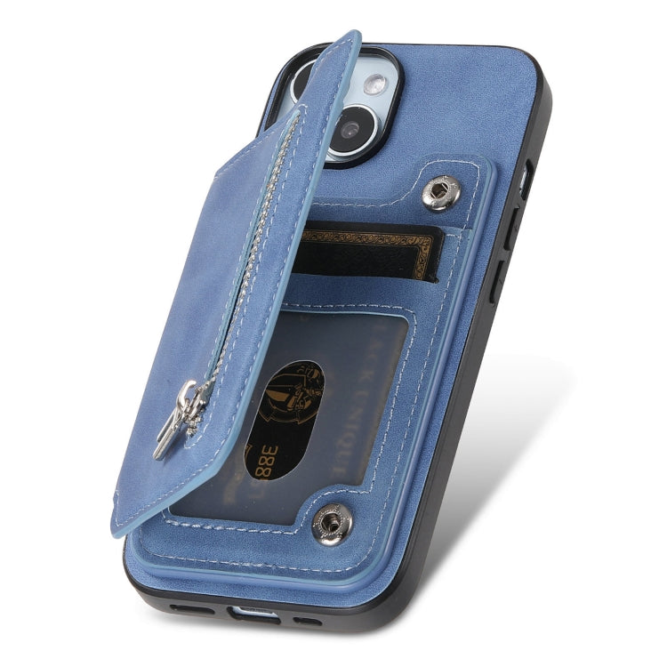 For iPhone X / XS Retro MagSafe Zipper Wallet Card Bag Back Phone Case(Blue) - More iPhone Cases by buy2fix | Online Shopping UK | buy2fix