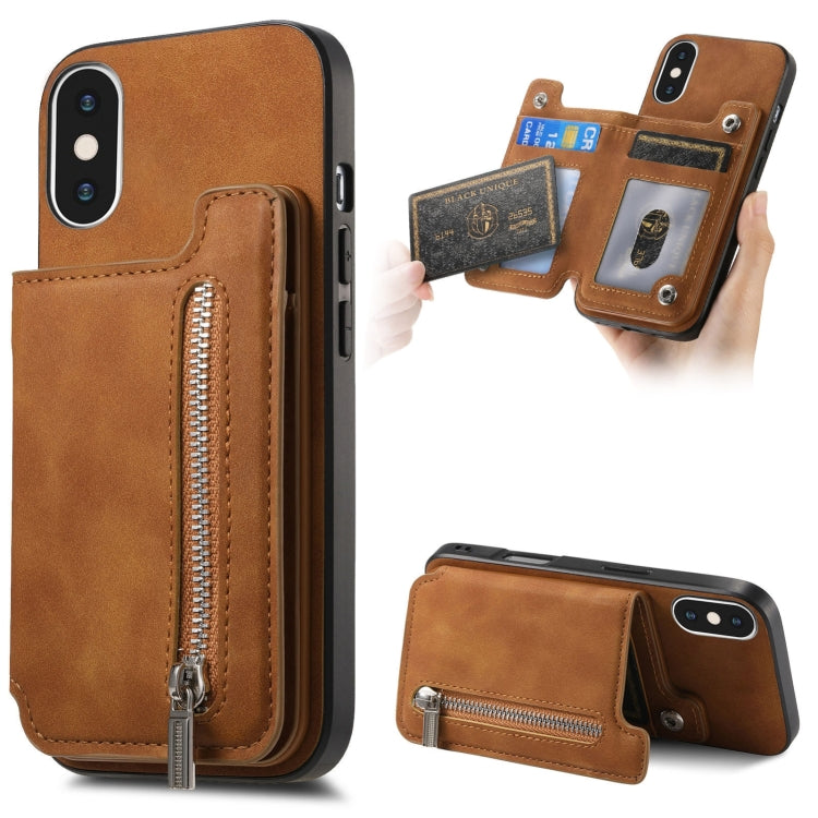 For iPhone X / XS Retro MagSafe Zipper Wallet Card Bag Back Phone Case(Brown) - More iPhone Cases by buy2fix | Online Shopping UK | buy2fix