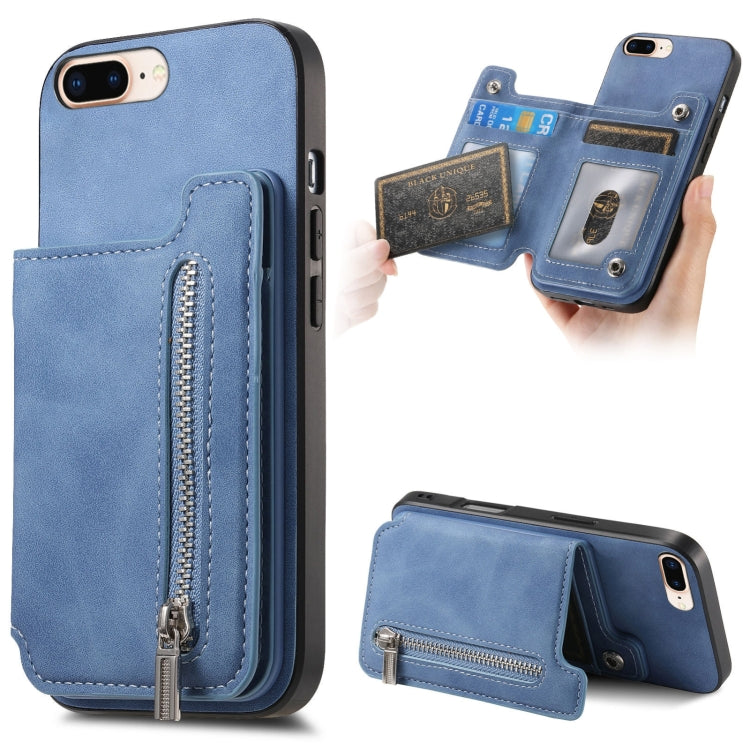 For iPhone 7 Plus / 8 Plus Retro MagSafe Zipper Wallet Card Bag Back Phone Case(Blue) - More iPhone Cases by buy2fix | Online Shopping UK | buy2fix