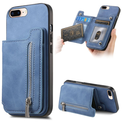 For iPhone 7 Plus / 8 Plus Retro MagSafe Zipper Wallet Card Bag Back Phone Case(Blue) - More iPhone Cases by buy2fix | Online Shopping UK | buy2fix