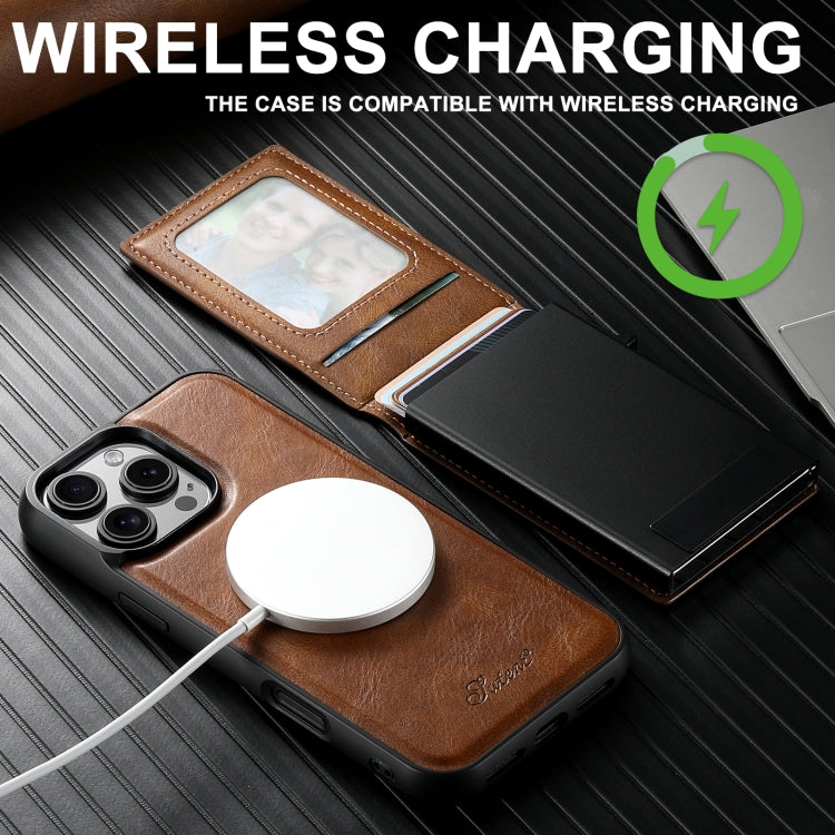For iPhone 15 Plus Suteni H19 Oil Wax 2-in-1 MagSafe Removable Card Box Back Phone Case(Brown) - iPhone 15 Plus Cases by Suteni | Online Shopping UK | buy2fix