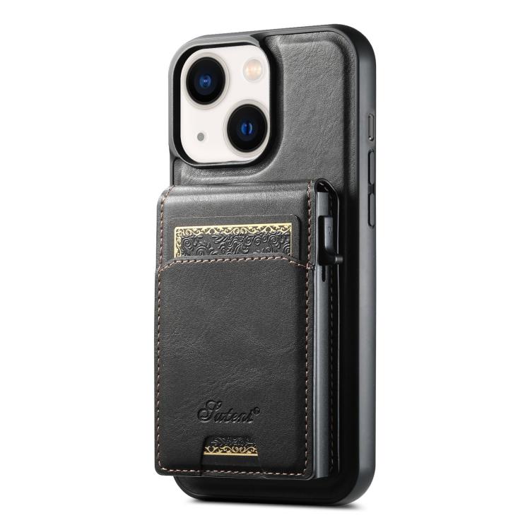 For iPhone 14 Plus Suteni H19 Oil Wax 2-in-1 MagSafe Removable Card Box Back Phone Case(Black) - iPhone 14 Plus Cases by Suteni | Online Shopping UK | buy2fix