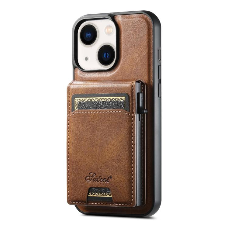 For iPhone 14 Plus Suteni H19 Oil Wax 2-in-1 MagSafe Removable Card Box Back Phone Case(Brown) - iPhone 14 Plus Cases by Suteni | Online Shopping UK | buy2fix