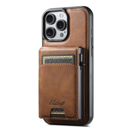 For iPhone 12 Pro Suteni H19 Oil Wax 2-in-1 MagSafe Removable Card Box Back Phone Case(Brown) - iPhone 12 / 12 Pro Cases by Suteni | Online Shopping UK | buy2fix