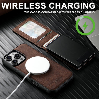 For iPhone 15 Plus Suteni H19 Litchi Grain 2-in-1 MagSafe Removable Card Box Back Phone Case(Brown) - iPhone 15 Plus Cases by Suteni | Online Shopping UK | buy2fix