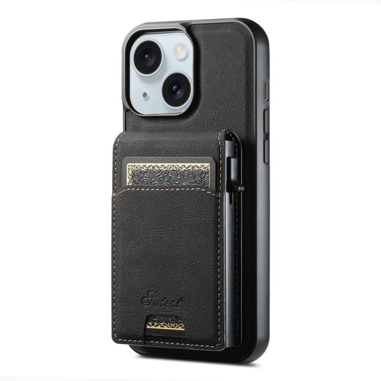 For iPhone 15 Suteni H19 Litchi Grain 2-in-1 MagSafe Removable Card Box Back Phone Case(Black)