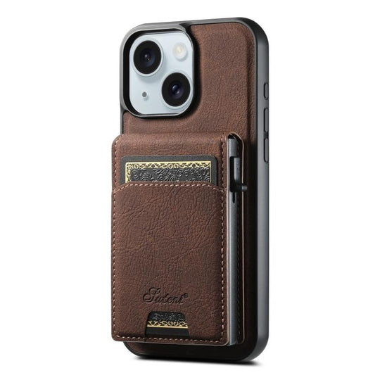 For iPhone 15 Suteni H19 Litchi Grain 2-in-1 MagSafe Removable Card Box Back Phone Case(Brown)