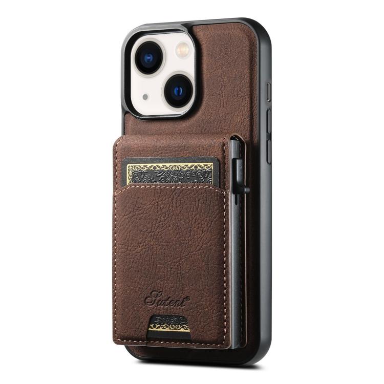 For iPhone 14 Plus Suteni H19 Litchi Grain 2-in-1 MagSafe Removable Card Box Back Phone Case(Brown) - iPhone 14 Plus Cases by Suteni | Online Shopping UK | buy2fix