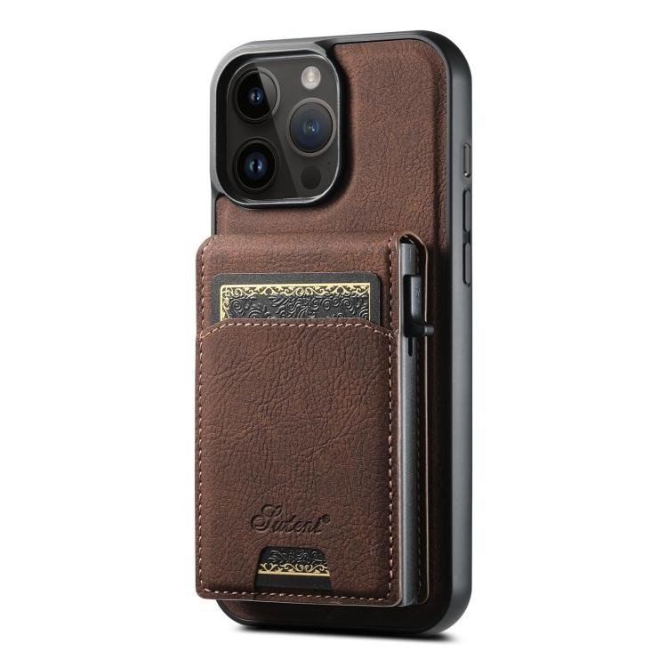 For iPhone 12 Pro Suteni H19 Litchi Grain 2-in-1 MagSafe Removable Card Box Back Phone Case(Brown) - iPhone 12 / 12 Pro Cases by Suteni | Online Shopping UK | buy2fix