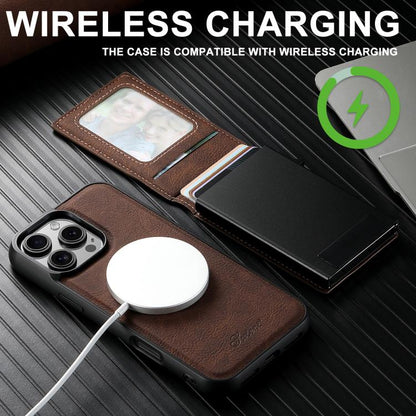 For iPhone 16e Suteni H19 Litchi Grain 2-in-1 MagSafe Removable Card Box Back Phone Case(Brown) - iPhone 16e Cases by Suteni | Online Shopping UK | buy2fix