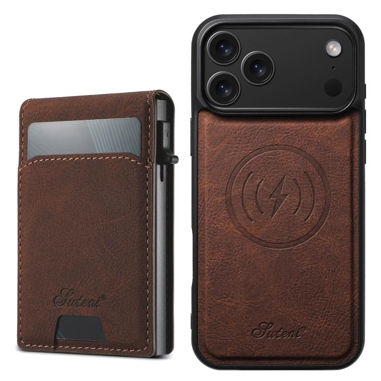 For iPhone 17 Pro Max Suteni H19 Litchi Grain 2-in-1 MagSafe Removable Card Box Back Phone Case(Brown) - iPhone 17 Pro Max Cases by Suteni | Online Shopping UK | buy2fix