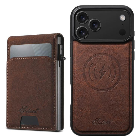 For iPhone 17 Pro Suteni H19 Litchi Grain 2-in-1 MagSafe Removable Card Box Back Phone Case(Brown) - iPhone 17 Pro Cases by Suteni | Online Shopping UK | buy2fix