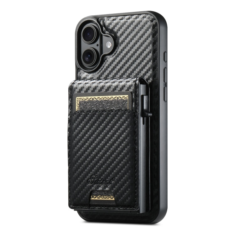 For iPhone 16 Plus Suteni H19 Carbon Fiber Grain 2-in-1 MagSafe Removable Card Box Back Phone Case(Black) by Suteni