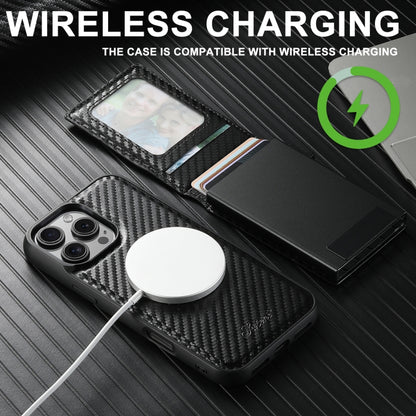 For iPhone 15 Pro Max Suteni H19 Carbon Fiber Grain 2-in-1 MagSafe Removable Card Box Back Phone Case(Black) - iPhone 15 Pro Max Cases by Suteni | Online Shopping UK | buy2fix