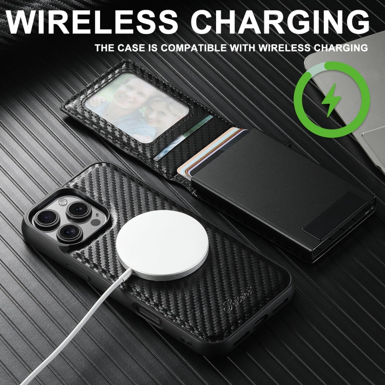 For iPhone 13 Pro Suteni H19 Carbon Fiber Grain 2-in-1 MagSafe Removable Card Box Back Phone Case(Black) - iPhone 13 Pro Cases by Suteni | Online Shopping UK | buy2fix