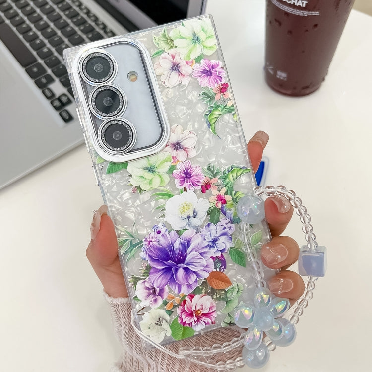 For Samsung Galaxy S25 5G Electroplating Flowers Plants Texture Wristband TPU Phone Case(Colorful Peony FL10) - Galaxy S25 5G Cases by buy2fix | Online Shopping UK | buy2fix