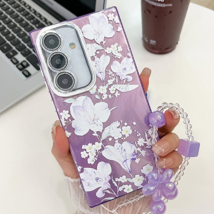 For Samsung Galaxy S25 5G Electroplating Flowers Plants Texture Wristband TPU Phone Case(Pale Purple FlowerFL11) - Galaxy S25 5G Cases by buy2fix | Online Shopping UK | buy2fix