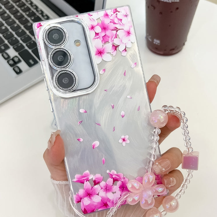 For Samsung Galaxy S25 5G Electroplating Flowers Plants Texture Wristband TPU Phone Case(Sakura FL12) - Galaxy S25 5G Cases by buy2fix | Online Shopping UK | buy2fix