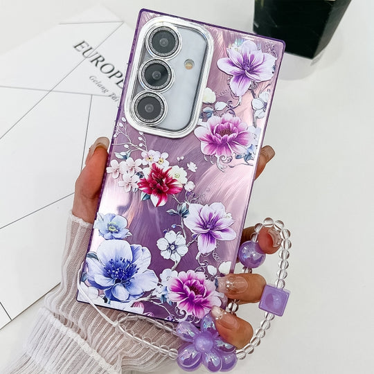 For Samsung Galaxy S25+ 5G Electroplating Flowers Plants Texture Wristband TPU Phone Case(Purple Flowers FL1)