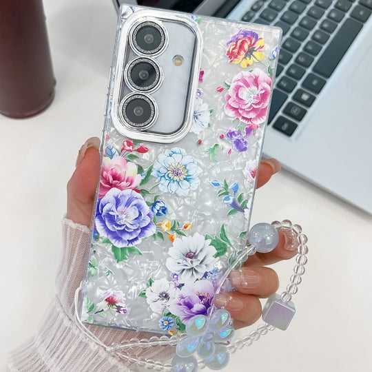 For Samsung Galaxy S25+ 5G Electroplating Flowers Plants Texture Wristband TPU Phone Case(Peony FL14)