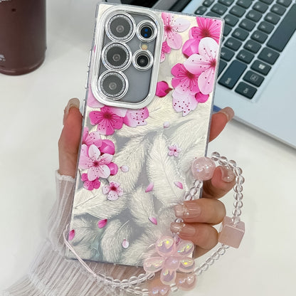 For Samsung Galaxy S25 Ultra 5G Electroplating Flowers Plants Texture Wristband TPU Phone Case(Peach Blossom FL18) - Galaxy S25 Ultra 5G Cases by buy2fix | Online Shopping UK | buy2fix