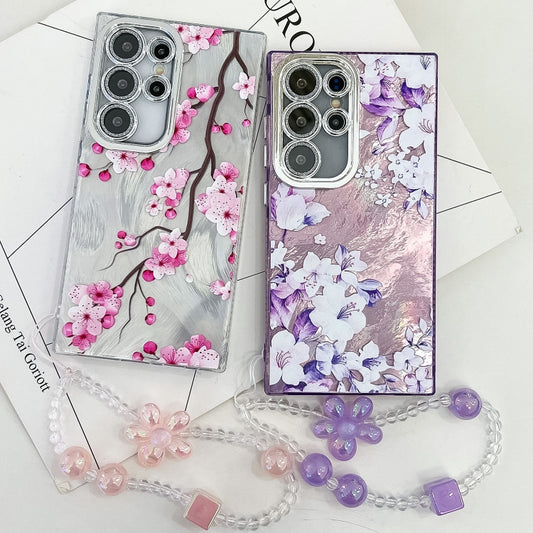 For Samsung Galaxy S25 5G Electroplating Flowers Plants Texture Wristband TPU Phone Case(Peony FL14) by buy2fix