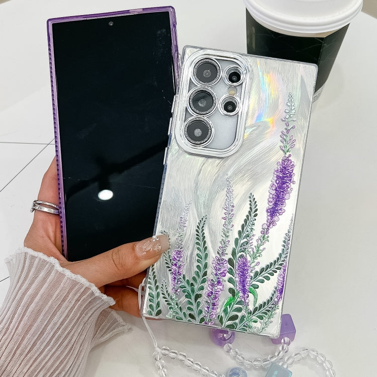 For Samsung Galaxy S25 5G Electroplating Flowers Plants Texture Wristband TPU Phone Case(Purple Flowers FL1) - Galaxy S25 5G Cases by buy2fix | Online Shopping UK | buy2fix