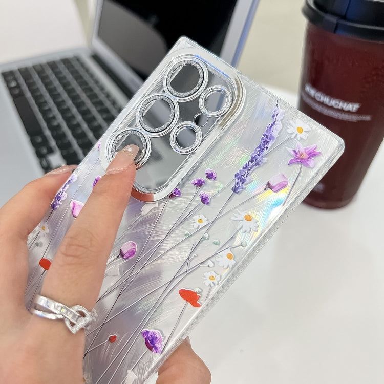 For Samsung Galaxy S25+ 5G Electroplating Flower Texture TPU Phone Case(Purple Wildflowers SH1) by buy2fix