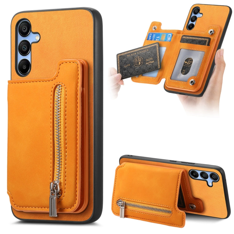 For Samsung Galaxy S25 5G Retro MagSafe Zipper Wallet Card Bag Back Phone Case(Yellow) - Galaxy S25 5G Cases by buy2fix | Online Shopping UK | buy2fix