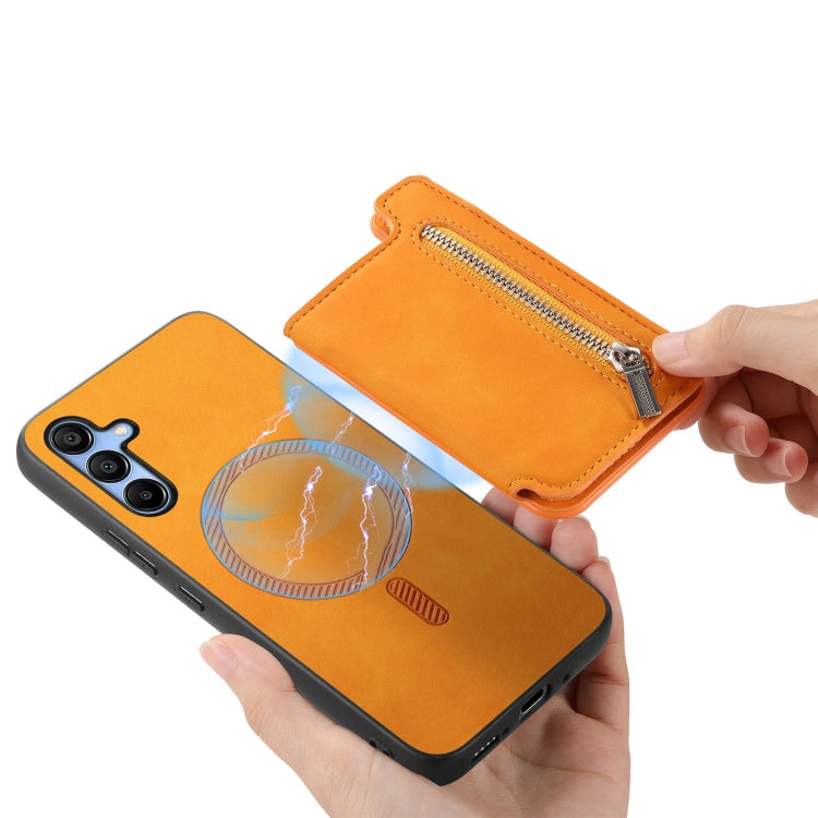 For Samsung Galaxy S25 5G Retro MagSafe Zipper Wallet Card Bag Back Phone Case(Yellow) - Galaxy S25 5G Cases by buy2fix | Online Shopping UK | buy2fix