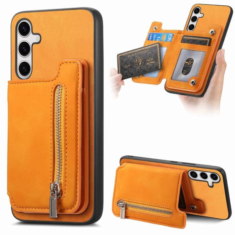 For Samsung Galaxy S25+ 5G Retro MagSafe Zipper Wallet Card Bag Back Phone Case(Yellow) by buy2fix