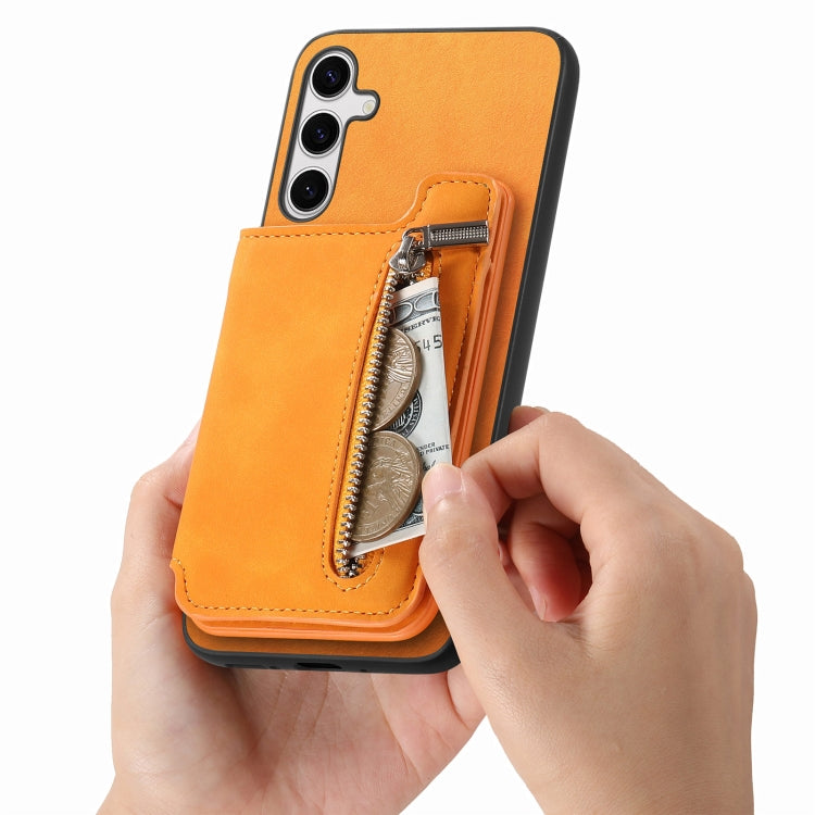 For Samsung Galaxy S25+ 5G Retro MagSafe Zipper Wallet Card Bag Back Phone Case(Yellow) by buy2fix