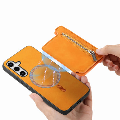 For Samsung Galaxy S25+ 5G Retro MagSafe Zipper Wallet Card Bag Back Phone Case(Yellow) by buy2fix