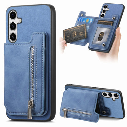 For Samsung Galaxy S25+ 5G Retro MagSafe Zipper Wallet Card Bag Back Phone Case(Blue) by buy2fix
