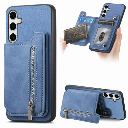 For Samsung Galaxy S25+ 5G Retro MagSafe Zipper Wallet Card Bag Back Phone Case(Blue) by buy2fix