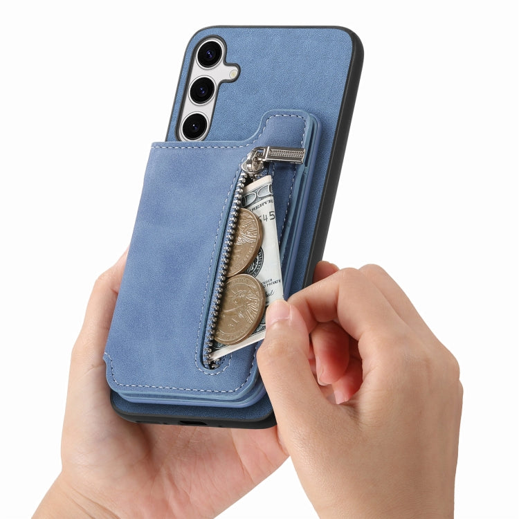 For Samsung Galaxy S25+ 5G Retro MagSafe Zipper Wallet Card Bag Back Phone Case(Blue) by buy2fix