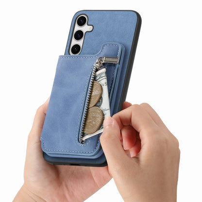 For Samsung Galaxy S25+ 5G Retro MagSafe Zipper Wallet Card Bag Back Phone Case(Blue) by buy2fix