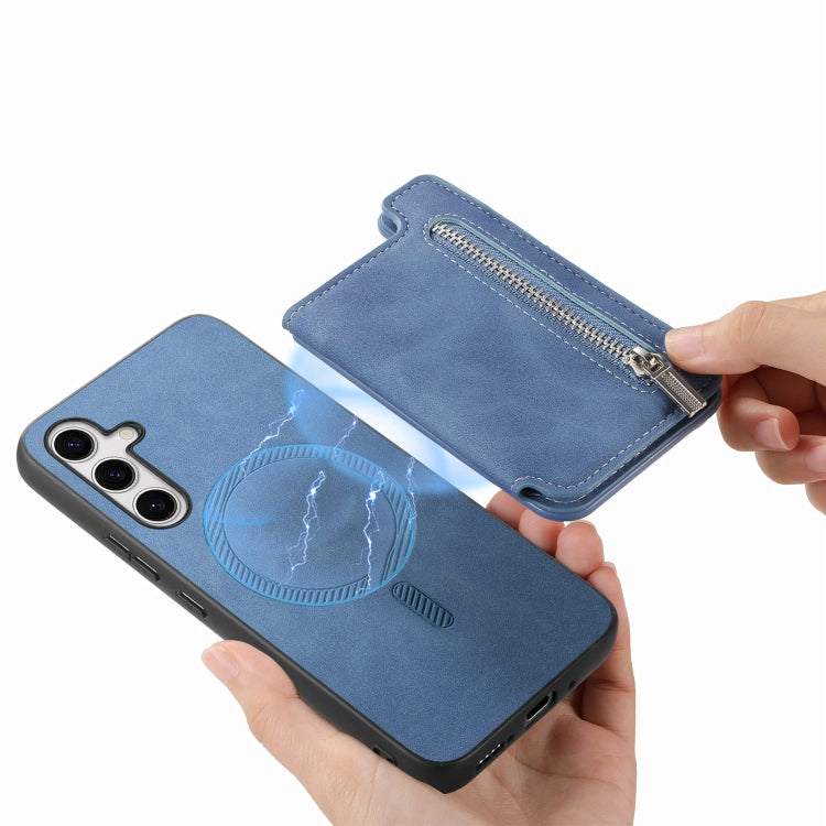 For Samsung Galaxy S25+ 5G Retro MagSafe Zipper Wallet Card Bag Back Phone Case(Blue) by buy2fix
