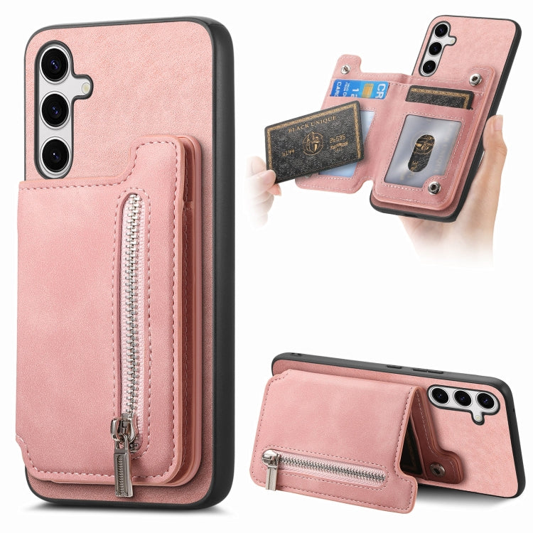 For Samsung Galaxy S25+ 5G Retro MagSafe Zipper Wallet Card Bag Back Phone Case(Pink) by buy2fix